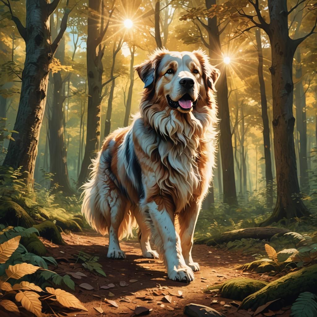 Fluffy Dog's Forest Adventure: Whimsical Digital Art
