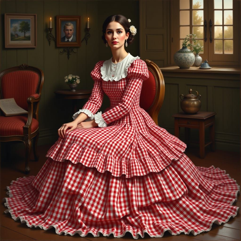 Elegant Woman in Gingham Dress, Classic Portrait