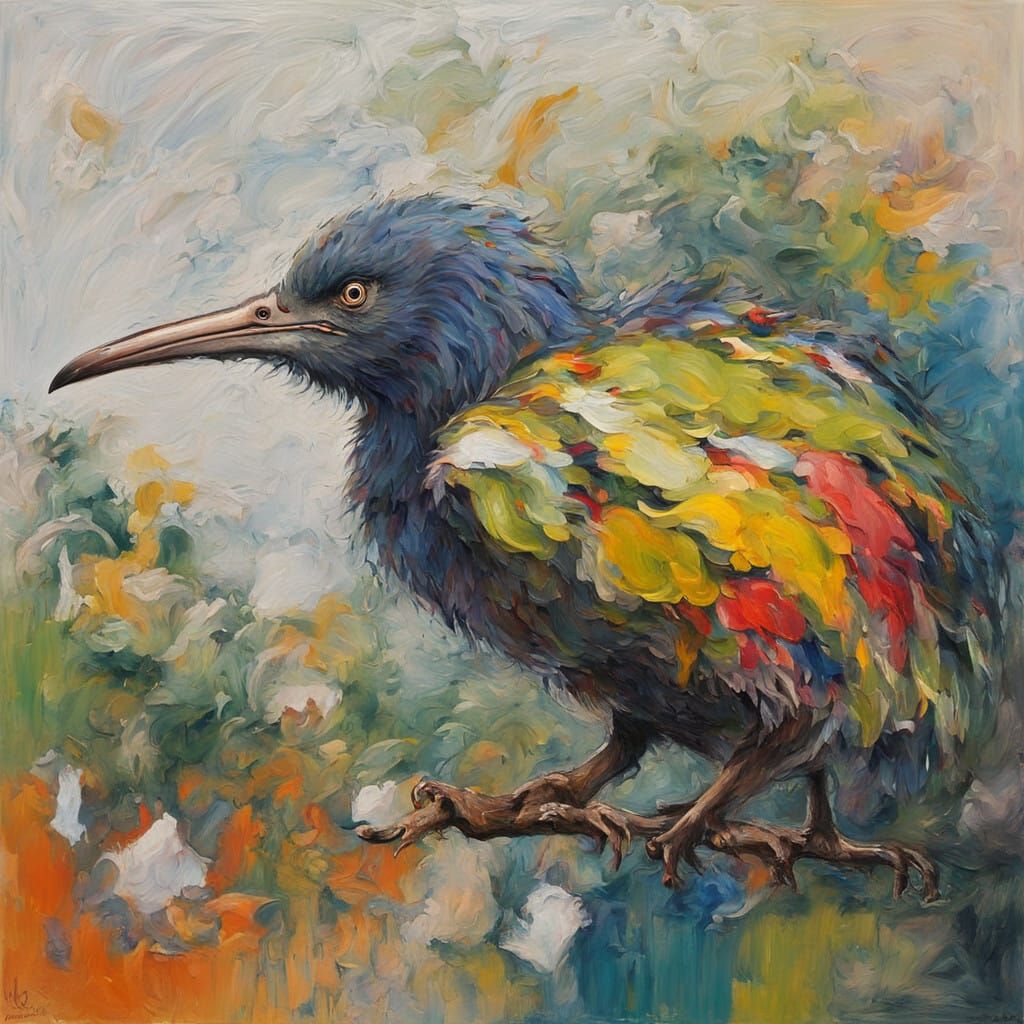 Kiwi Bird Waving New Zealand Flag in Neo-Impressionist Style