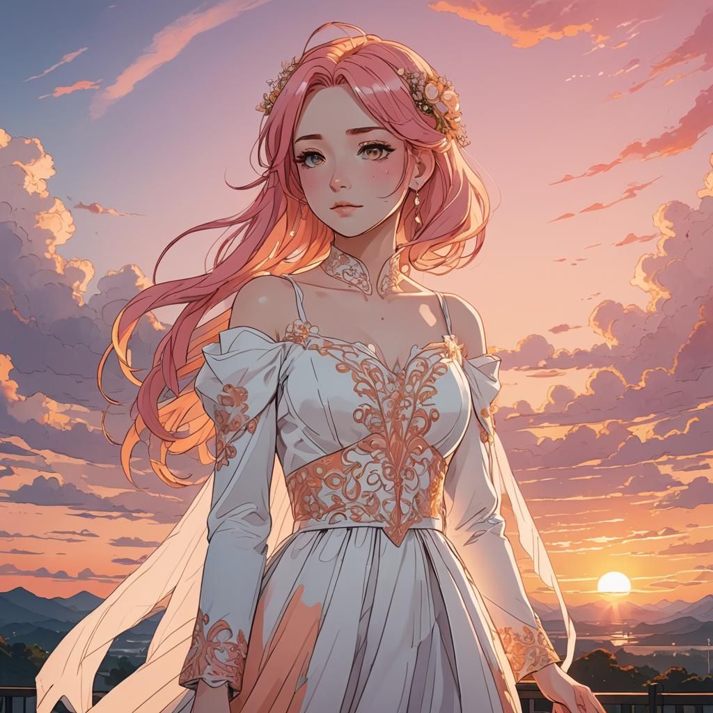Anime Bride in Sunrise, Manga Style Illustration
