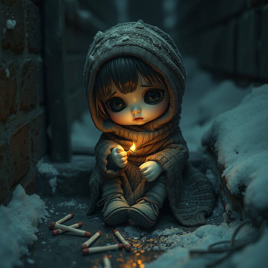 Melancholic Chibi Girl Ignites Match in Snowy Alley