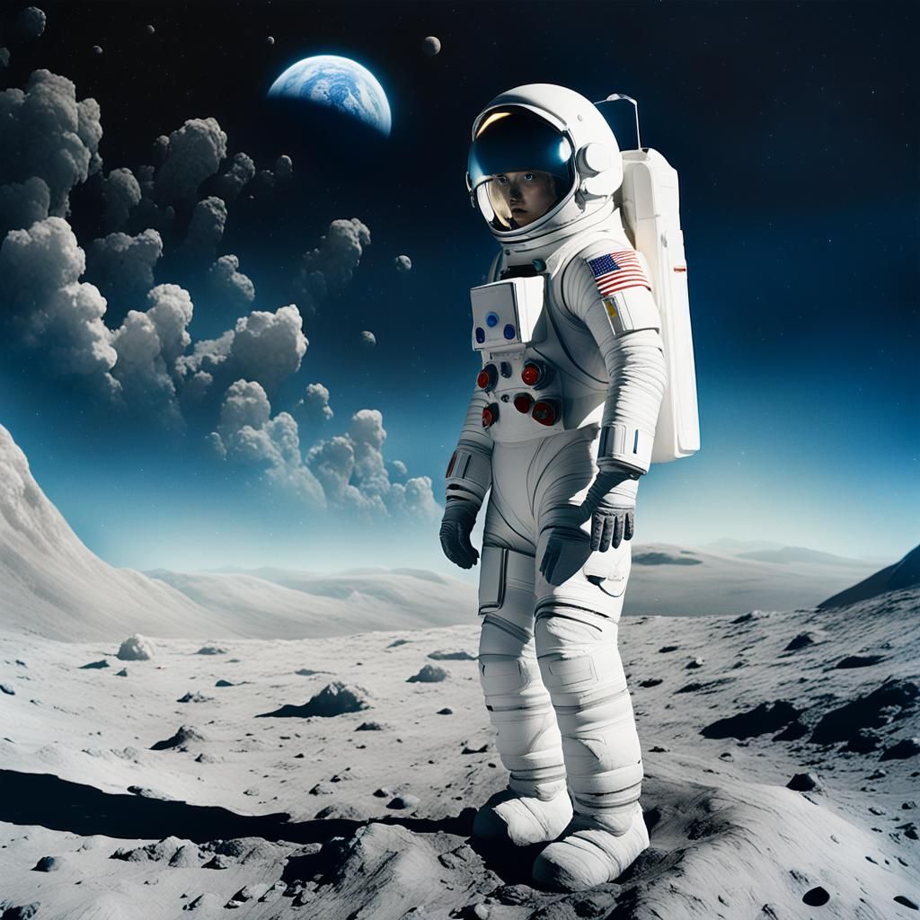 Woman on Moon in Spacesuit, Ethereal Sci-Fi Art