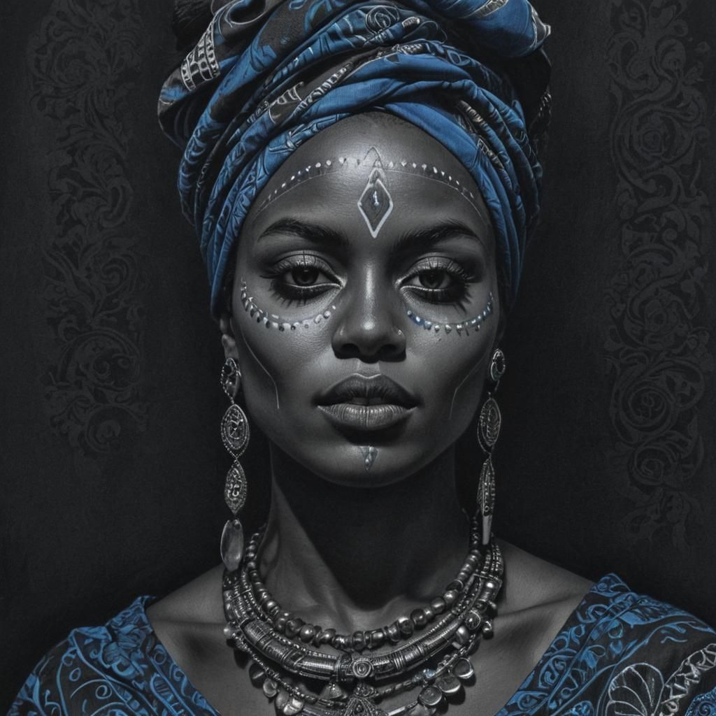 African Woman with Catrina Design in Charcoal Art Nouveau