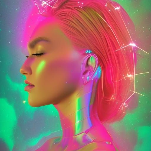 Pink Skinned Woman in Holographic Astral Style