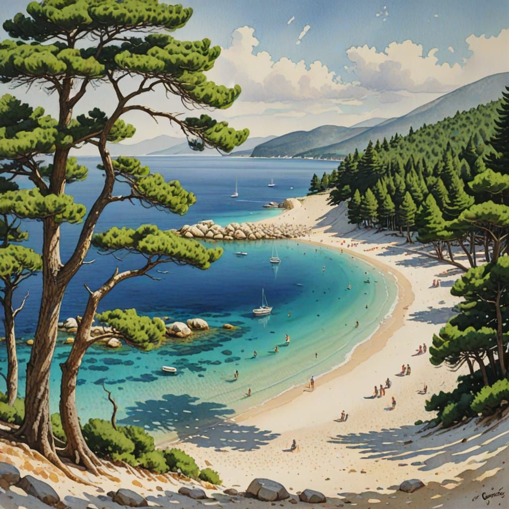 Stunning Watercolor Painting of Golden Horn-Shaped Zlatni Ra...