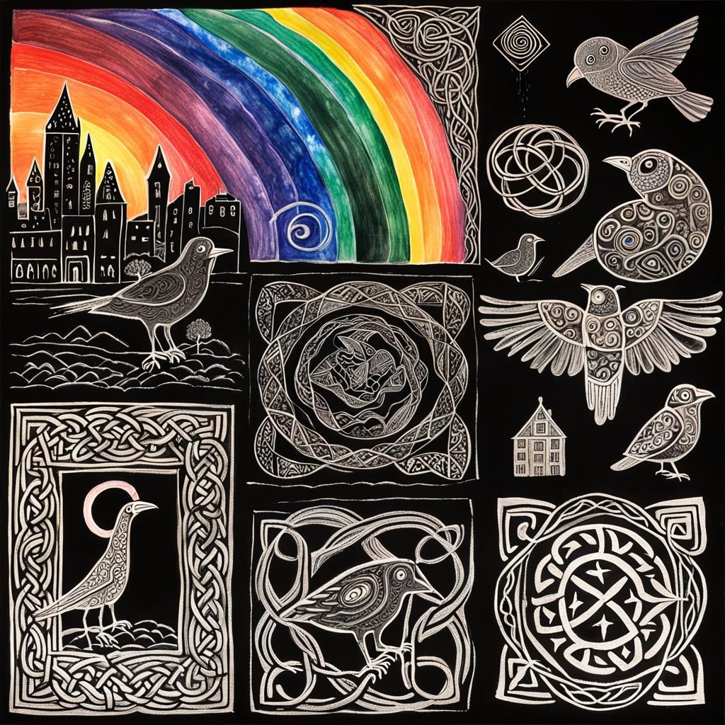Surreal Celtic Raven in Crayon and Rayograph Style