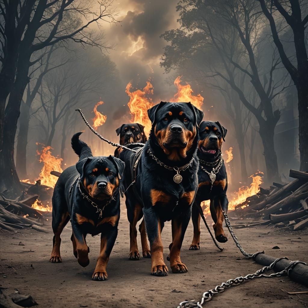 Three-Headed Rottweiler Follows Dark Prince in Digital Paint...