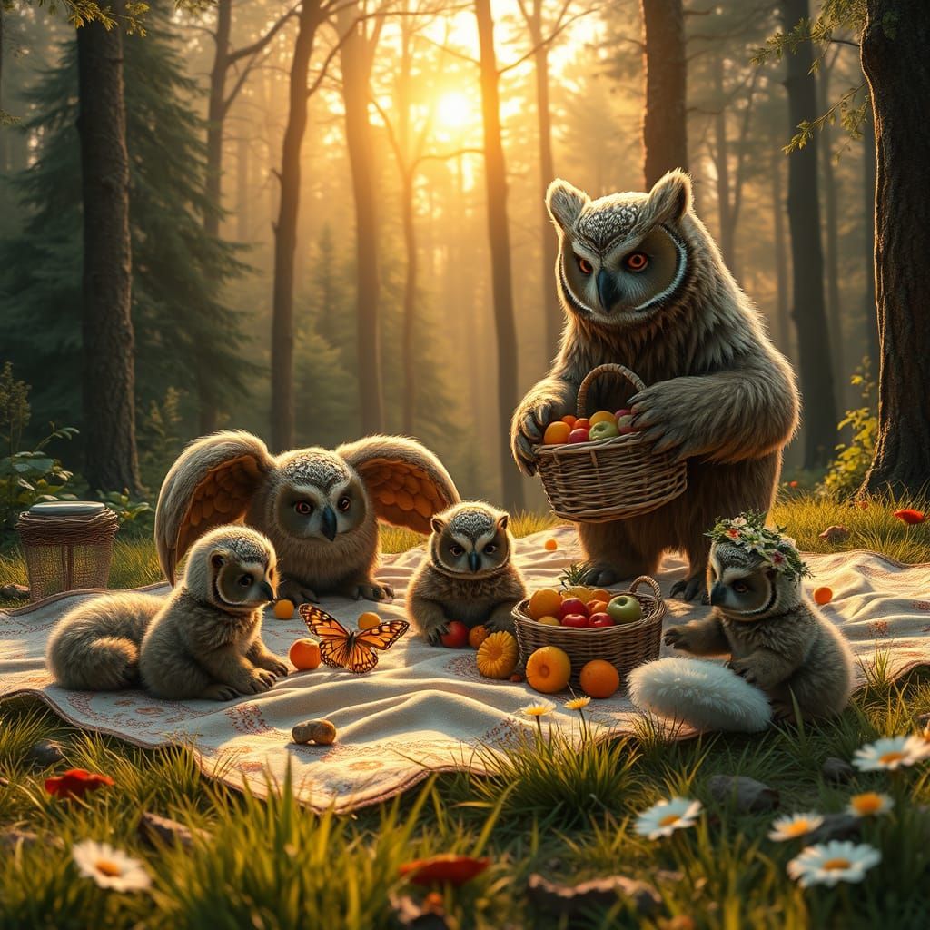Owlbear Family Picnic in Forest Clearing