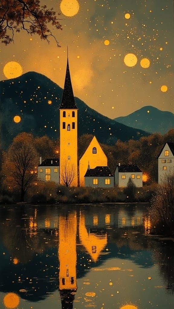Golden Reflections in a Serene European Village