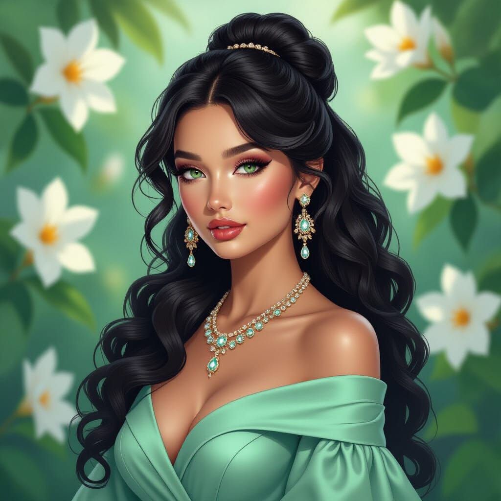 Elegant Lady in Mint Attire with Black Curly Hair