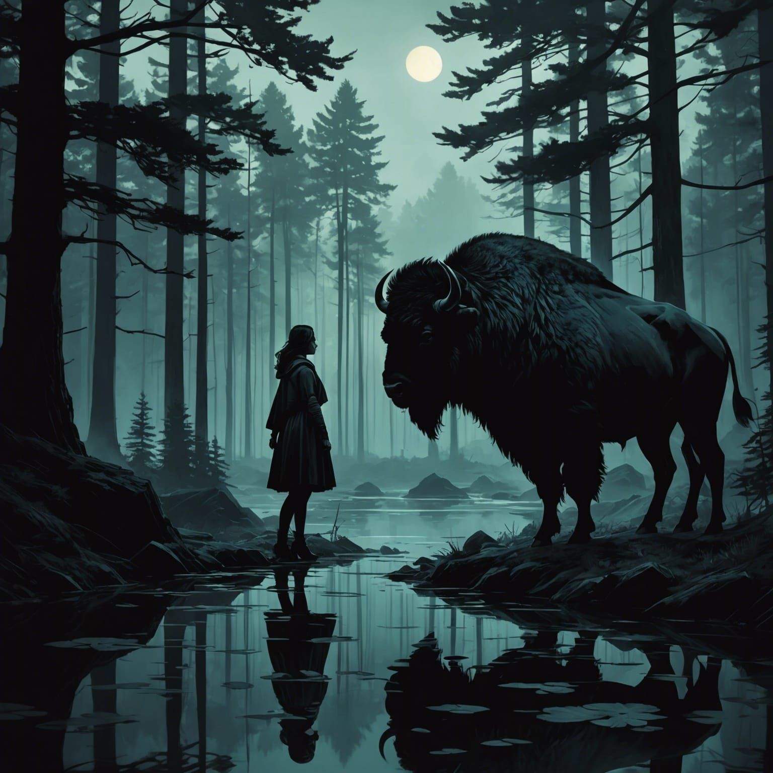 Bison Silhouette in Dark Fantasy Double Exposure Art