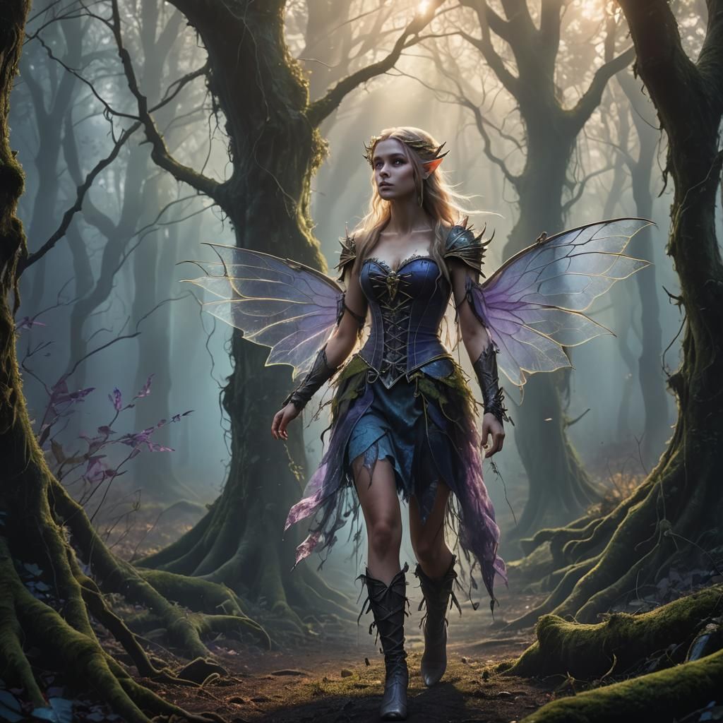 Angelic Elf in Misty Woods, Pencil Sketch Art