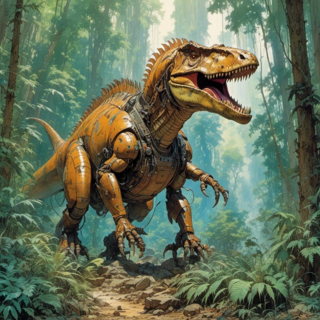 Half Robot T-Rex in Jungle, Ligne Claire Style