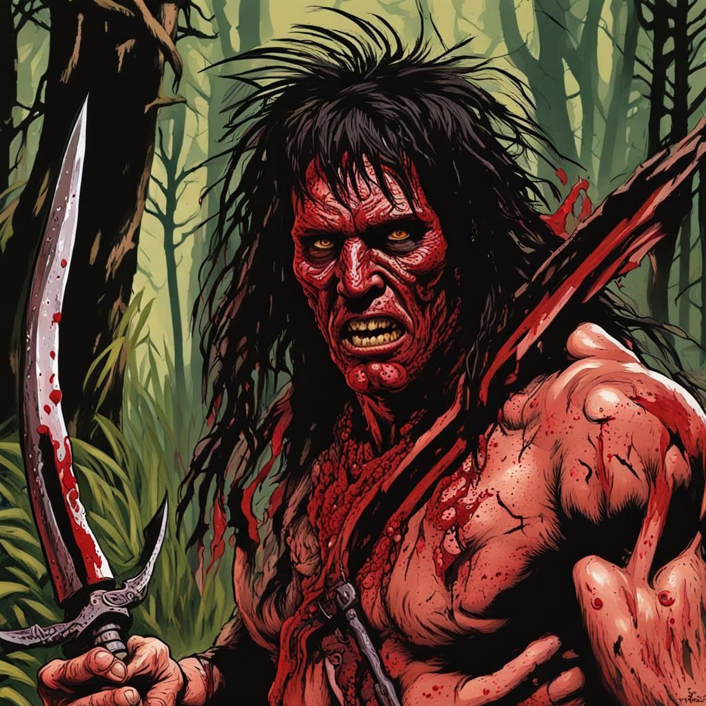 Demonic Tribal Warrior in 1980s Horror Style