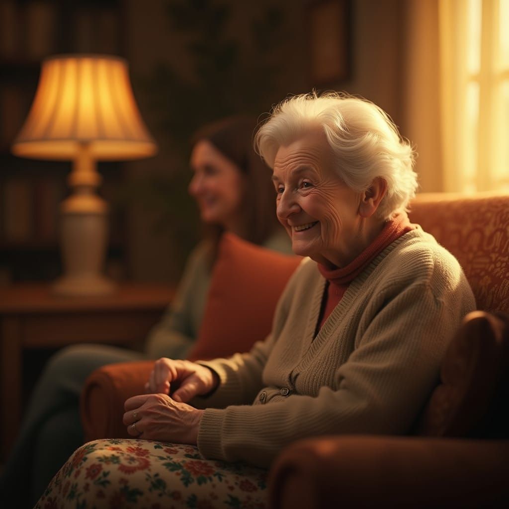Warm Family Portrait in Golden Light, Cozy Living Room Scene