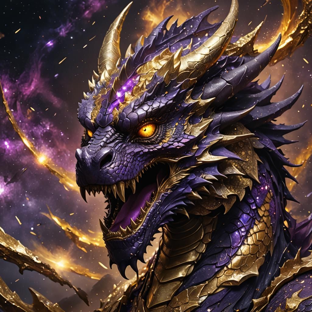 Golden Dragon Consumes Galaxy: Dark Fantasy Art