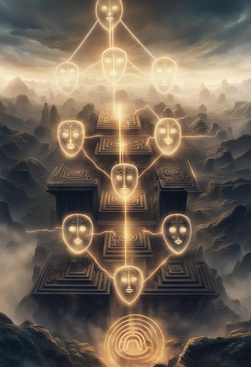 Mystical Masks Hovering Above Ancient Labyrinth