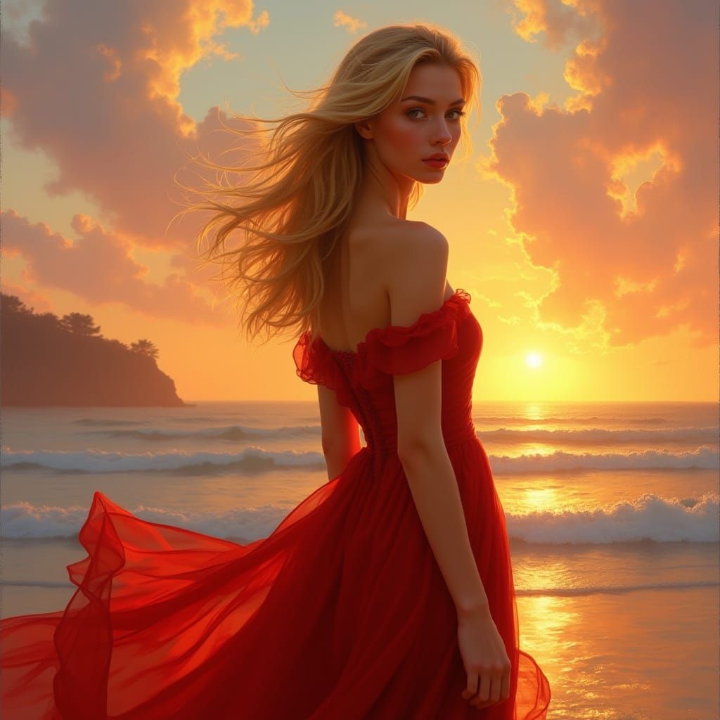 Sunset Silhouette: Romantic Realism of a Woman in Red
