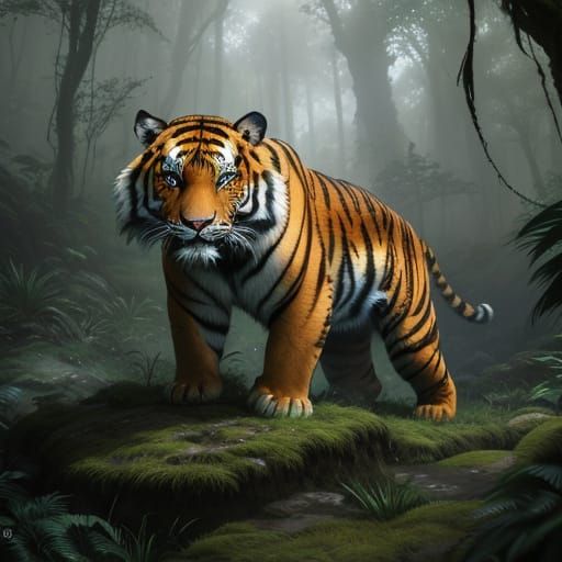 Fierce Tiger in Misty Jungle Clearing - Realistic Anime Conc...