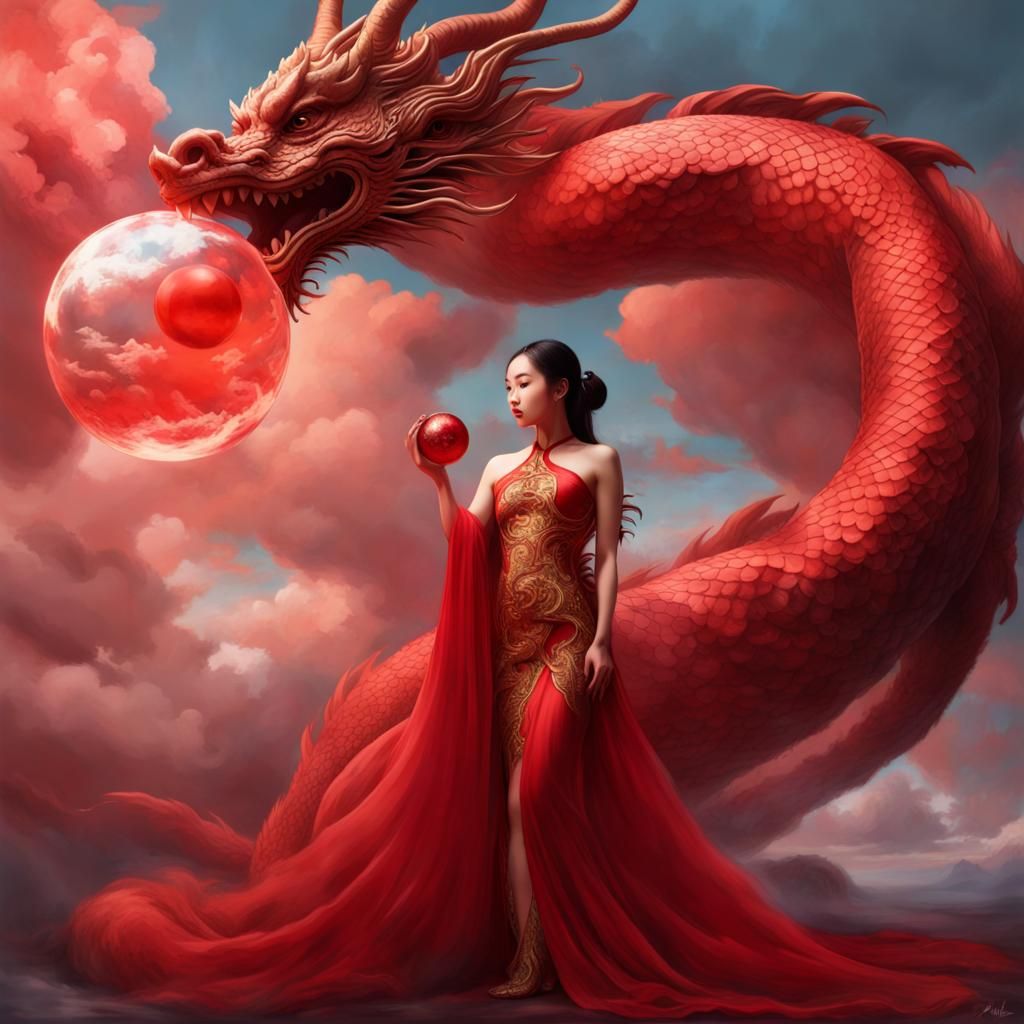 Siren and Dragon with Red Orb: Hyperrealistic Art