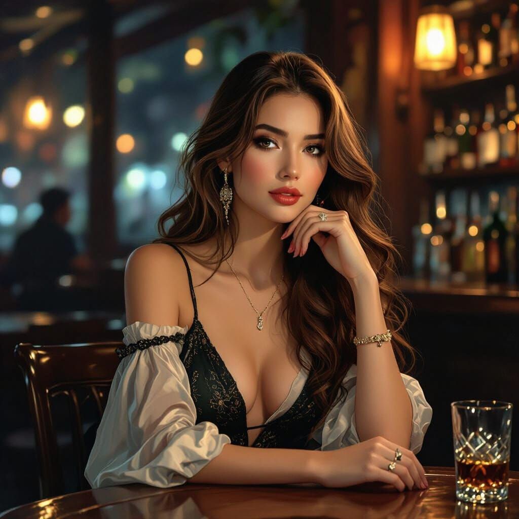 Contemplative Woman in Bar, Art Nouveau Style