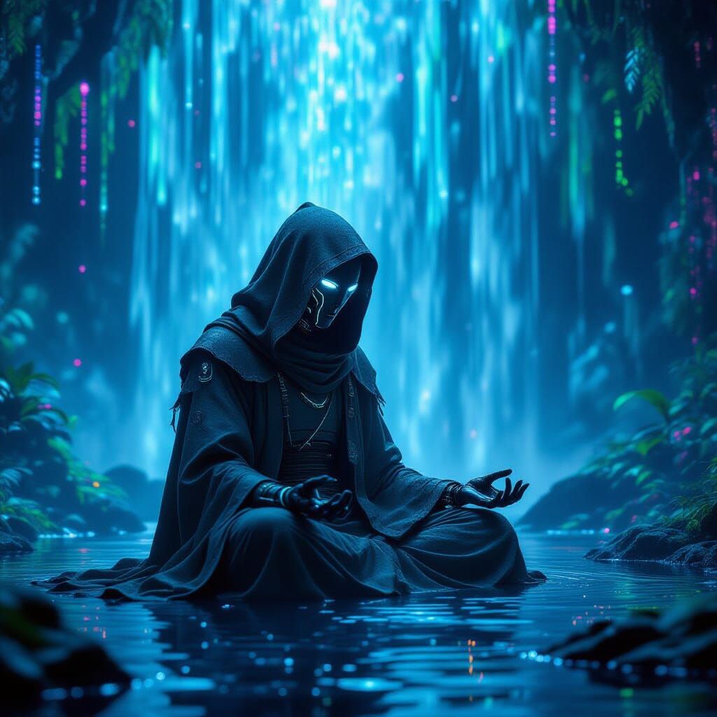 Robot Monk Meditating in Neon Jungle, Digital Art