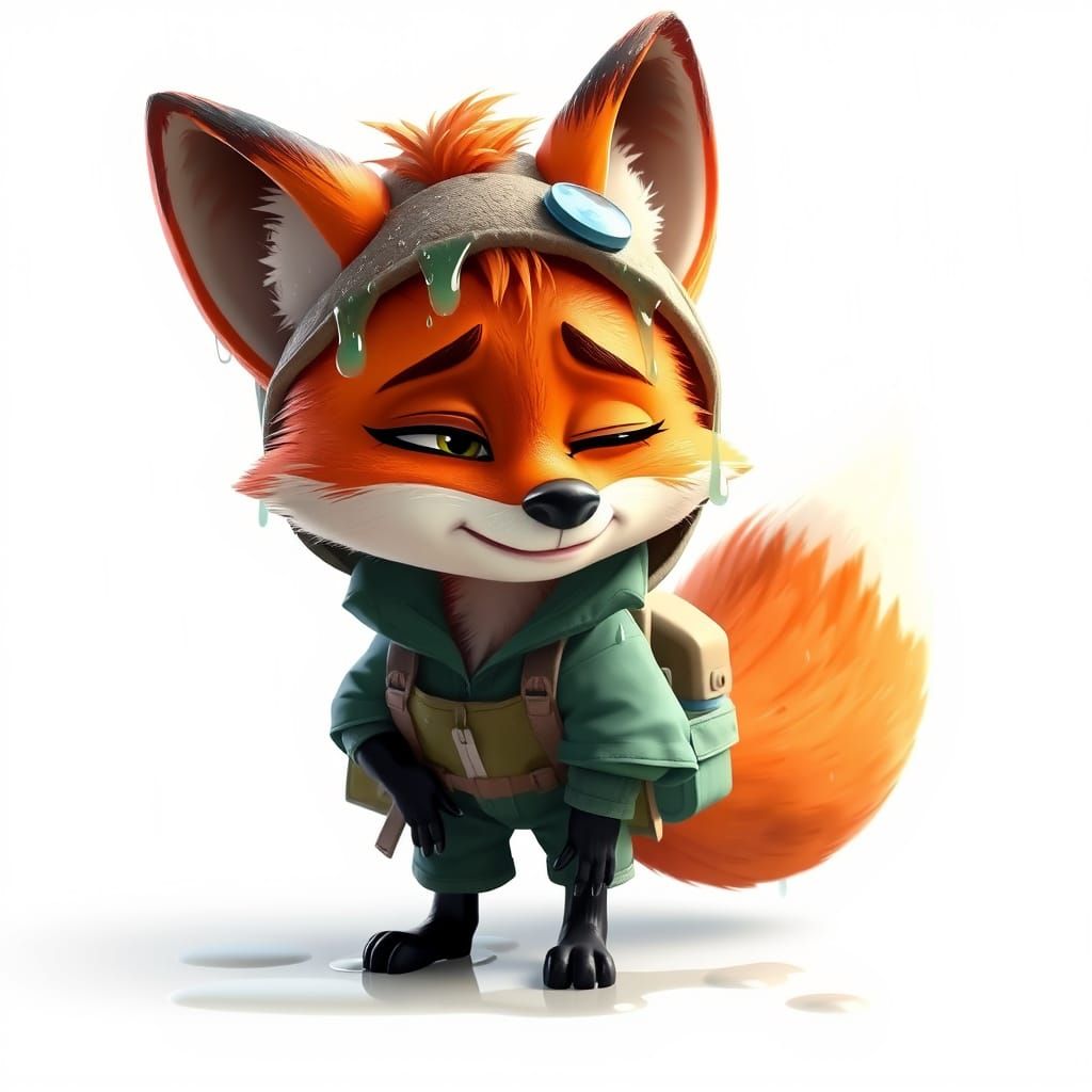 Cartoon Fox Character in Soggy Adventure Outfit