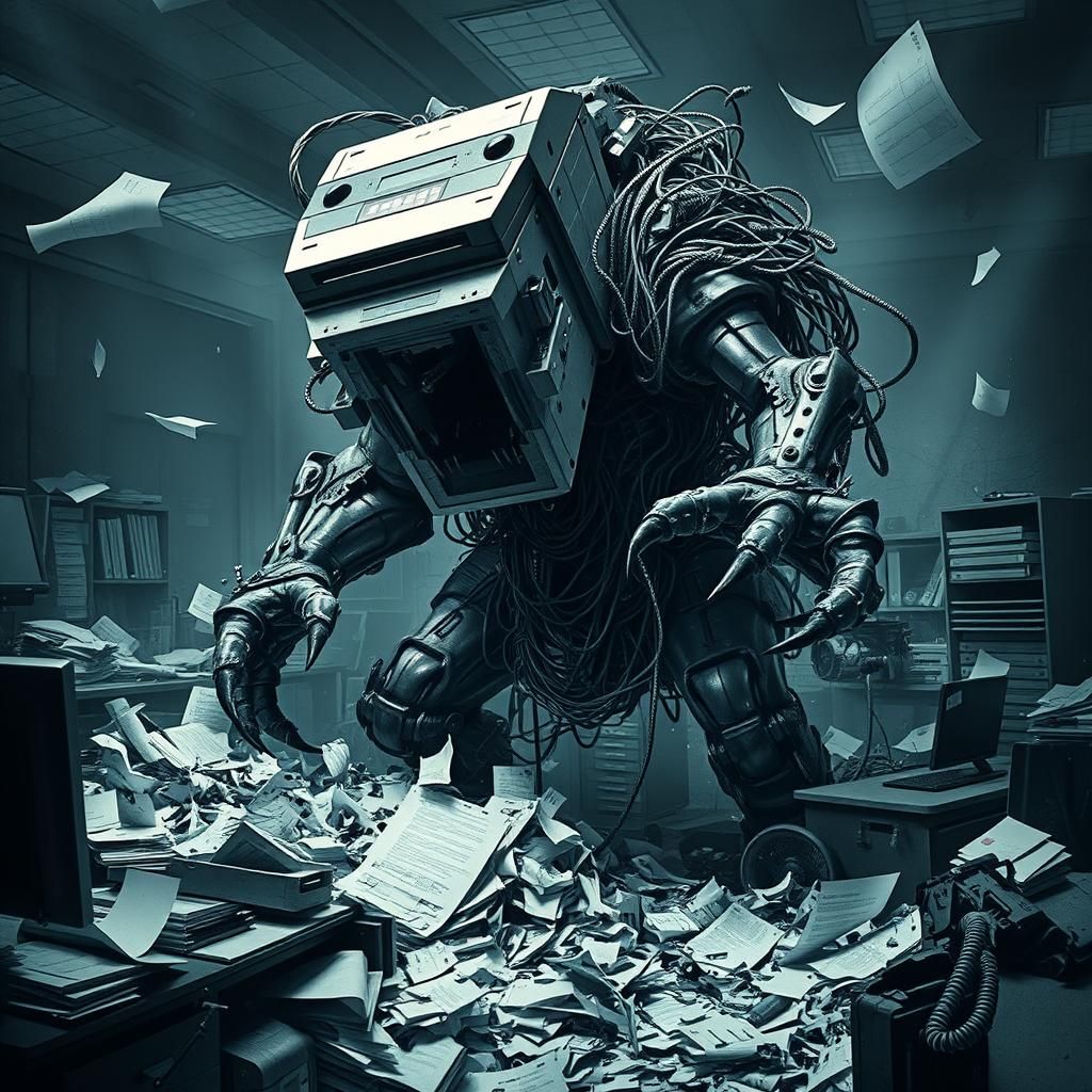 Fearsome Printer Monster Destroys Office in Dystopian Art