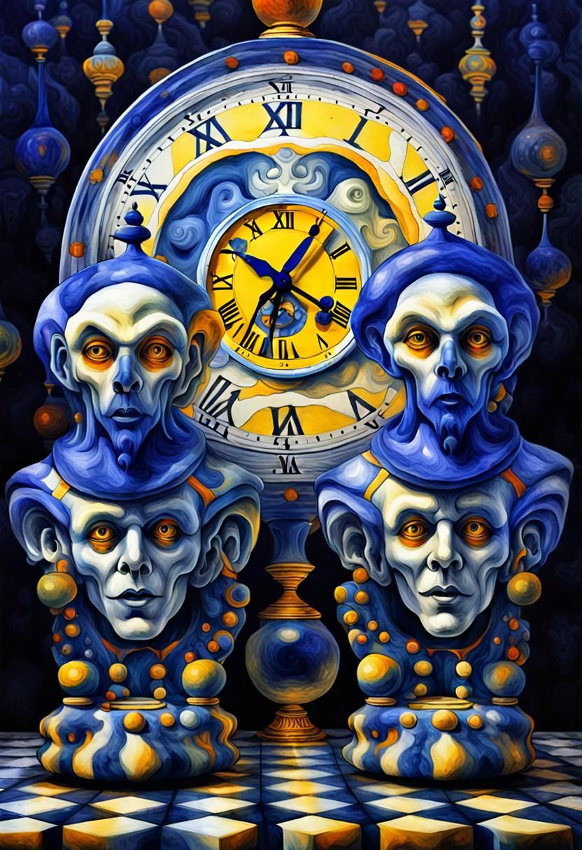 Two yellow jesters with lapiz lazuli cristal clock heads, Me...