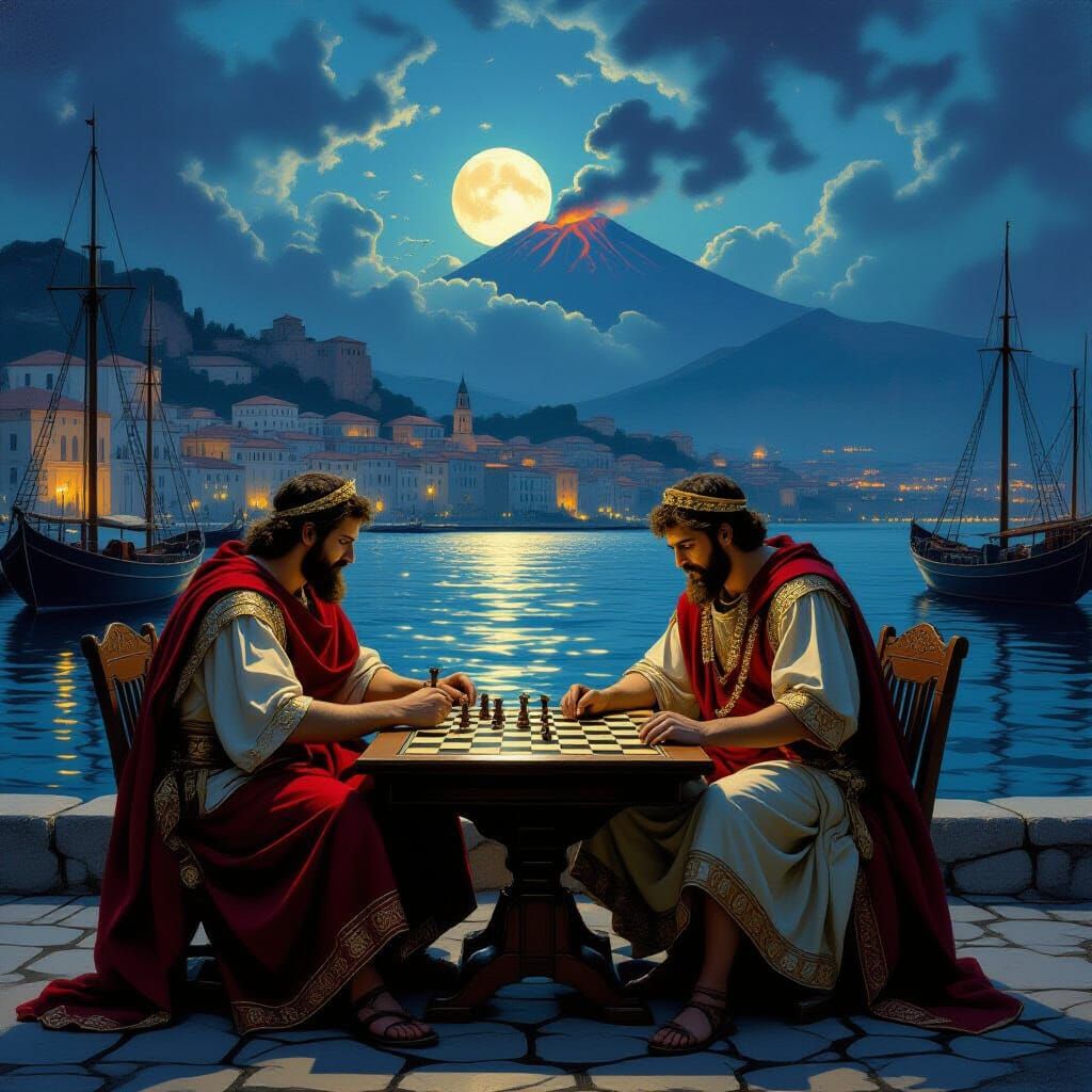 Roman Merchants Play Chess in Sicily, Dark Fantasy Style