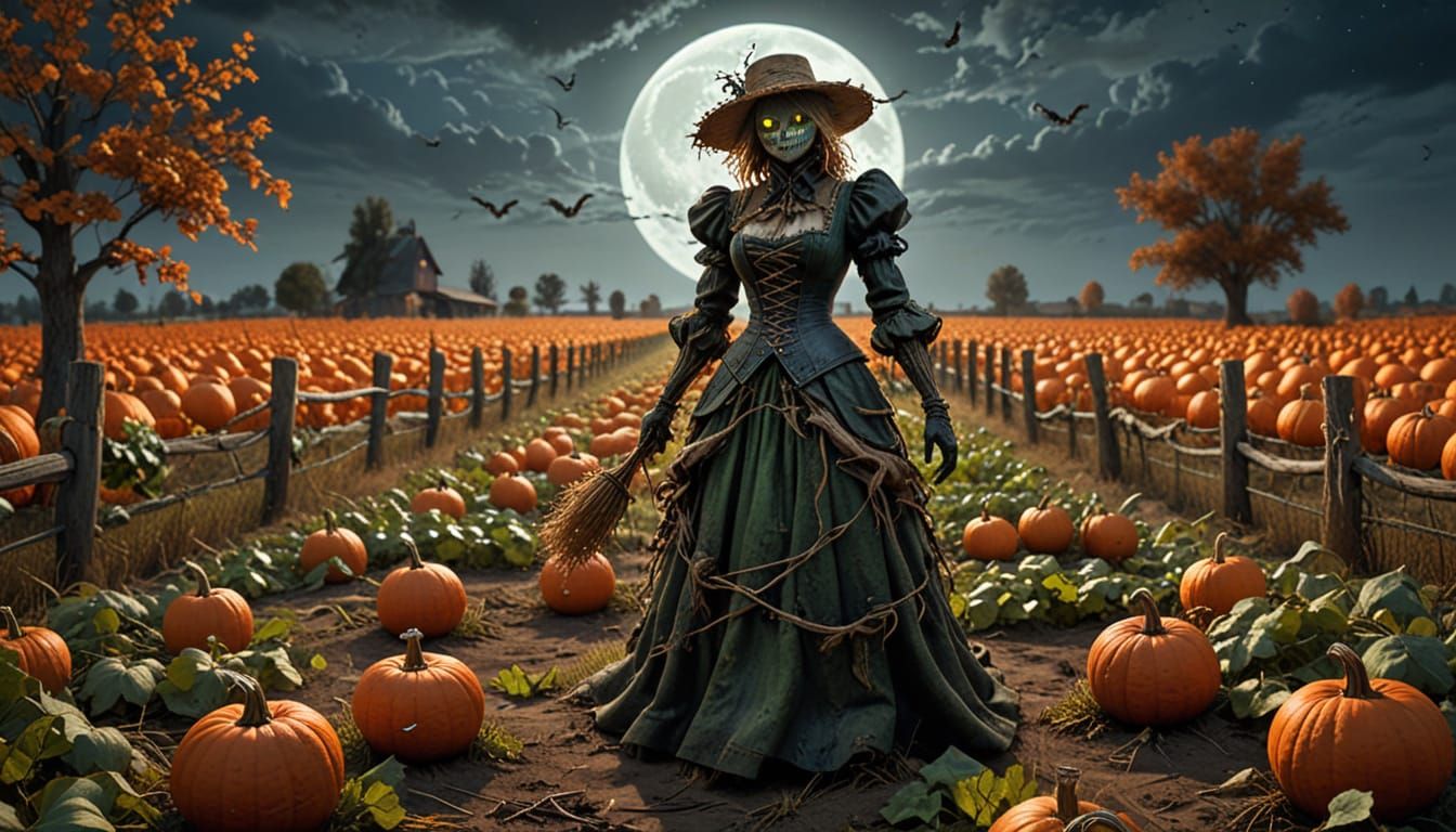 Ominous Scarecrow and Companion in Moonlit Pumpkin Field
