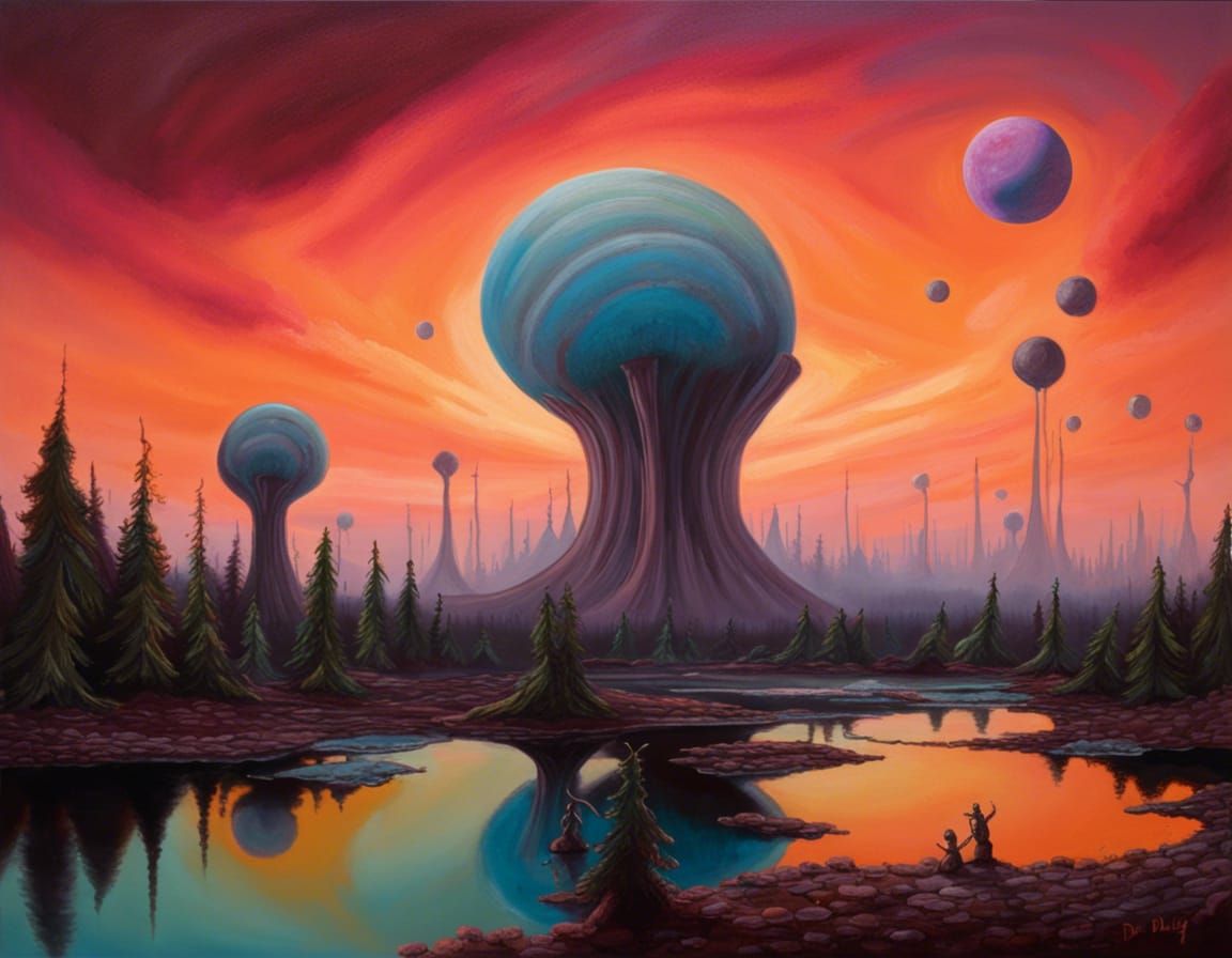 Vivid Alien Planet Landscape in Oil Painting Style