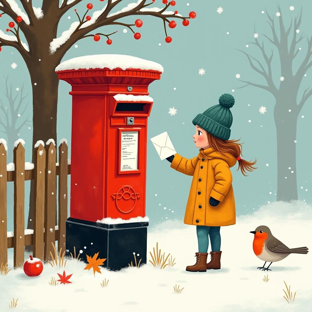 Winter Postcard: Girl Mailing Letter, Gouache Illustration