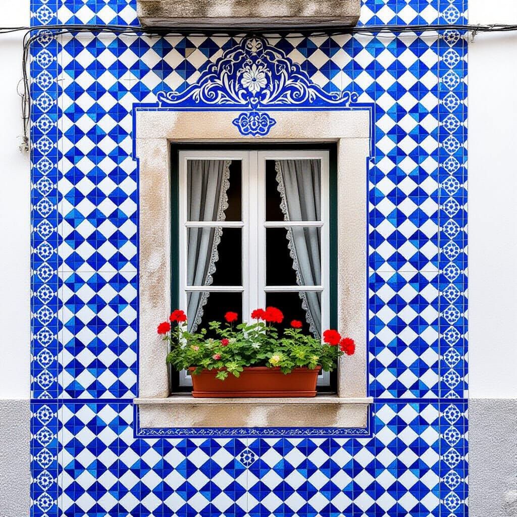 Azulejo Facade in Mouraria: Blue and White Geometric Art