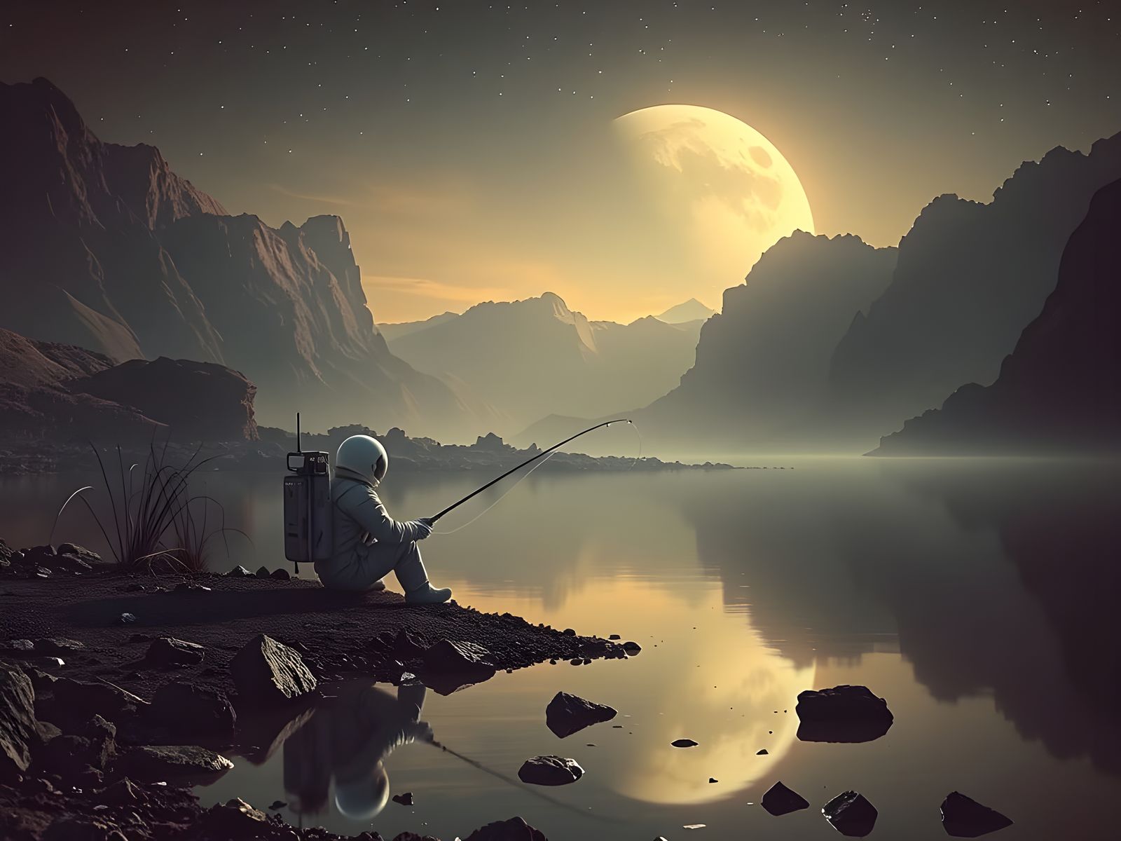 Galactic Adventurer's Desolate Planet Fishing Scene