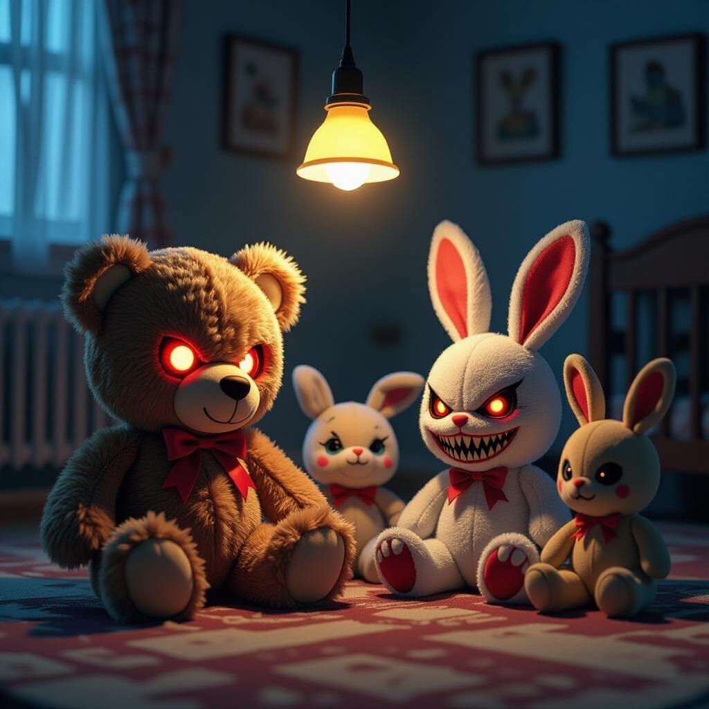 Mischievous Plush Toys Turn Villains in Dim Playroom