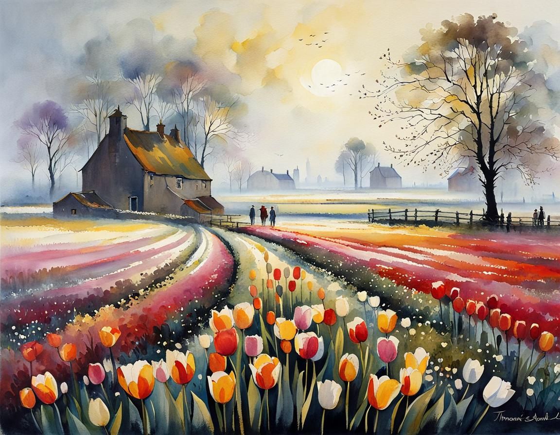Watercolor holland country view