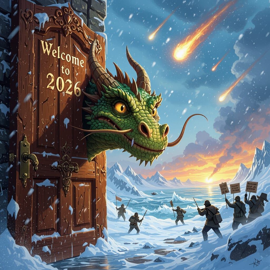 Dragon Peeks Through 'Welcome to 2026' Door Amidst Disasters
