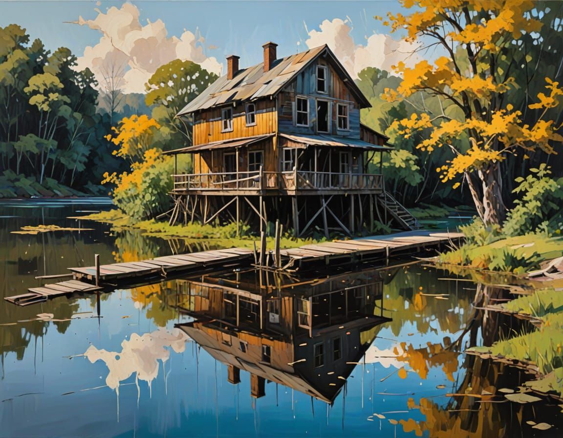Luminous Landscape with Weathered Wooden House and Lake