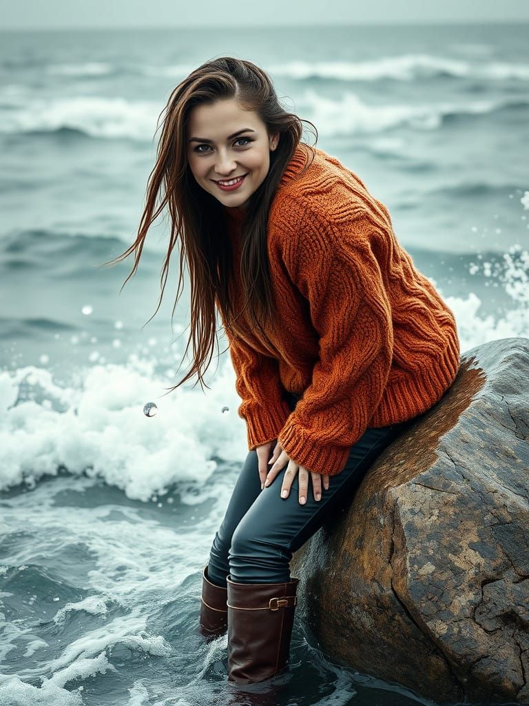 Woman Leans on Rock at Turbulent Beach