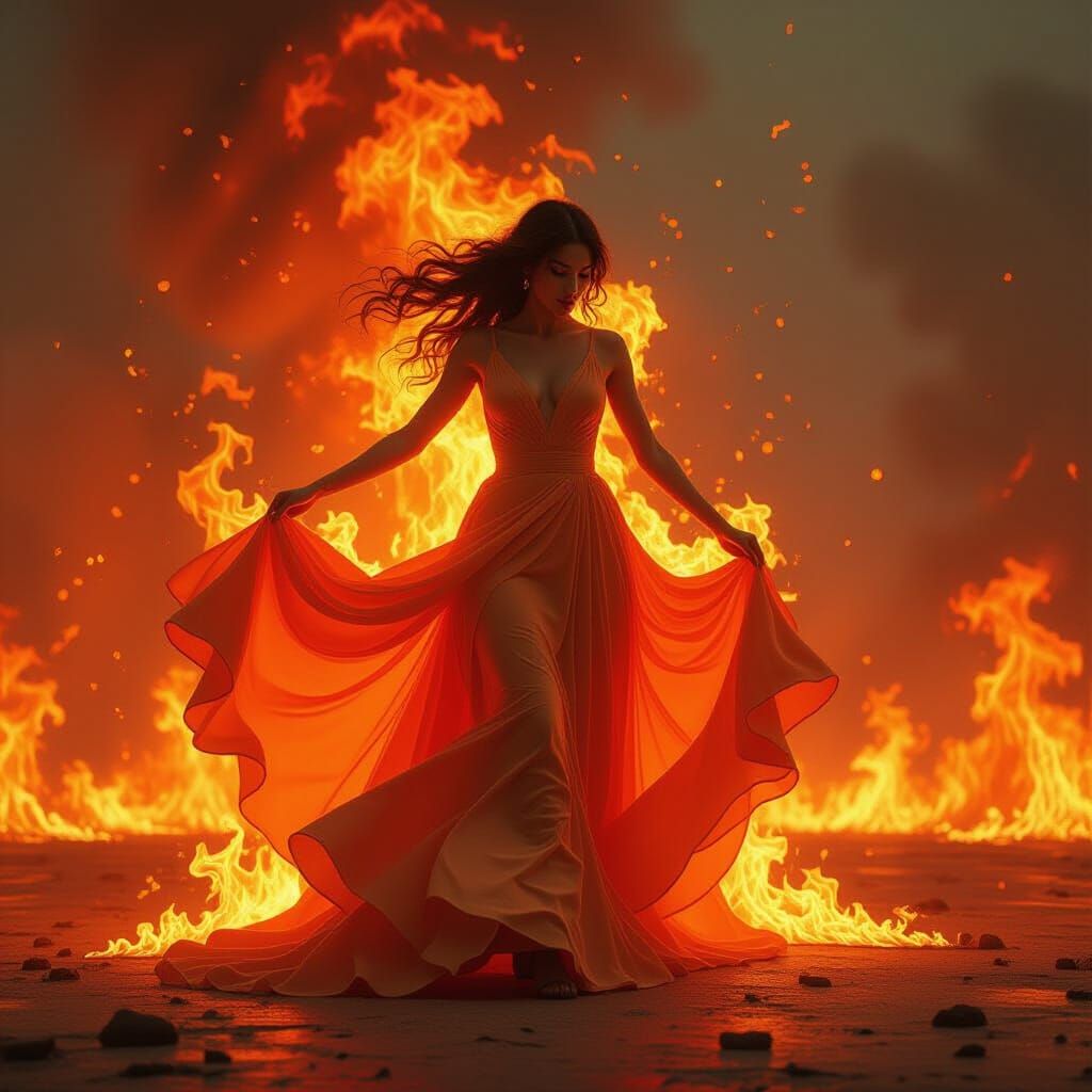 Woman in Fire Dress: Surreal Digital Art