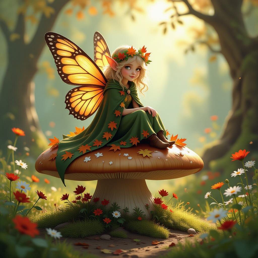 Mischievous Forest Sprite on Mushroom in Fairytale Style