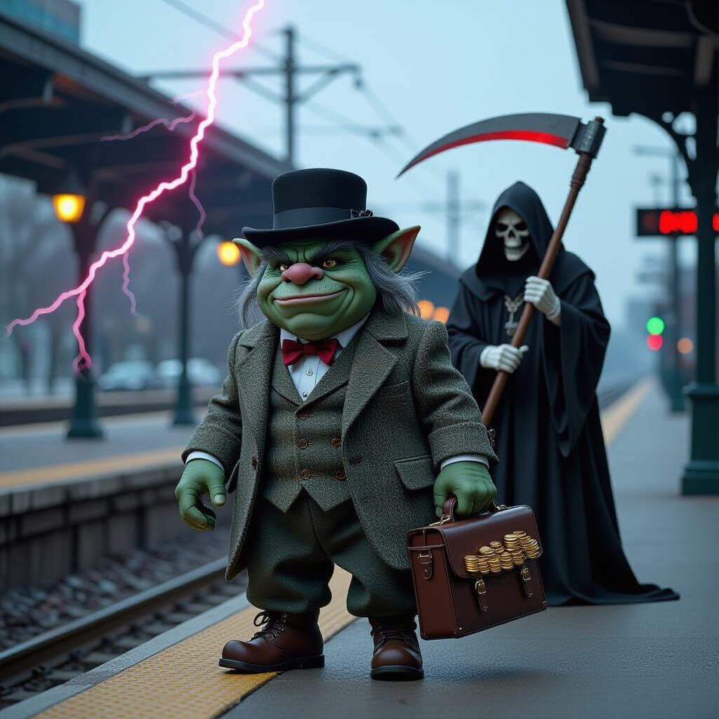 Tax Troll on Chicago Metra Platform with Grim Reaper