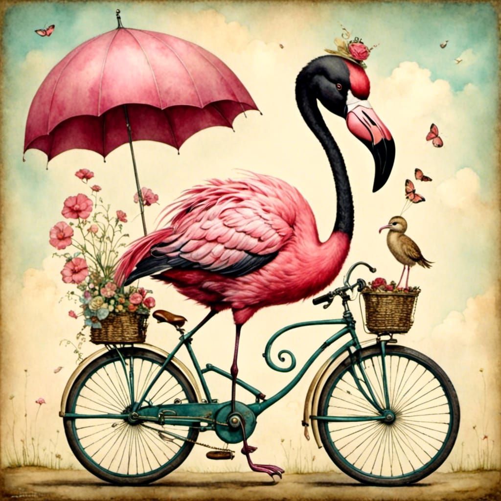 Anthropomorphic Flamingo Rides Bicycle in Cel-Shaded Style