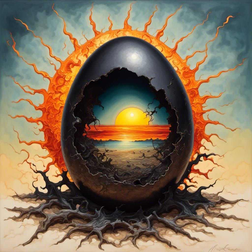 A surrealism sun breaking out of a black egg, hatching, eggy...