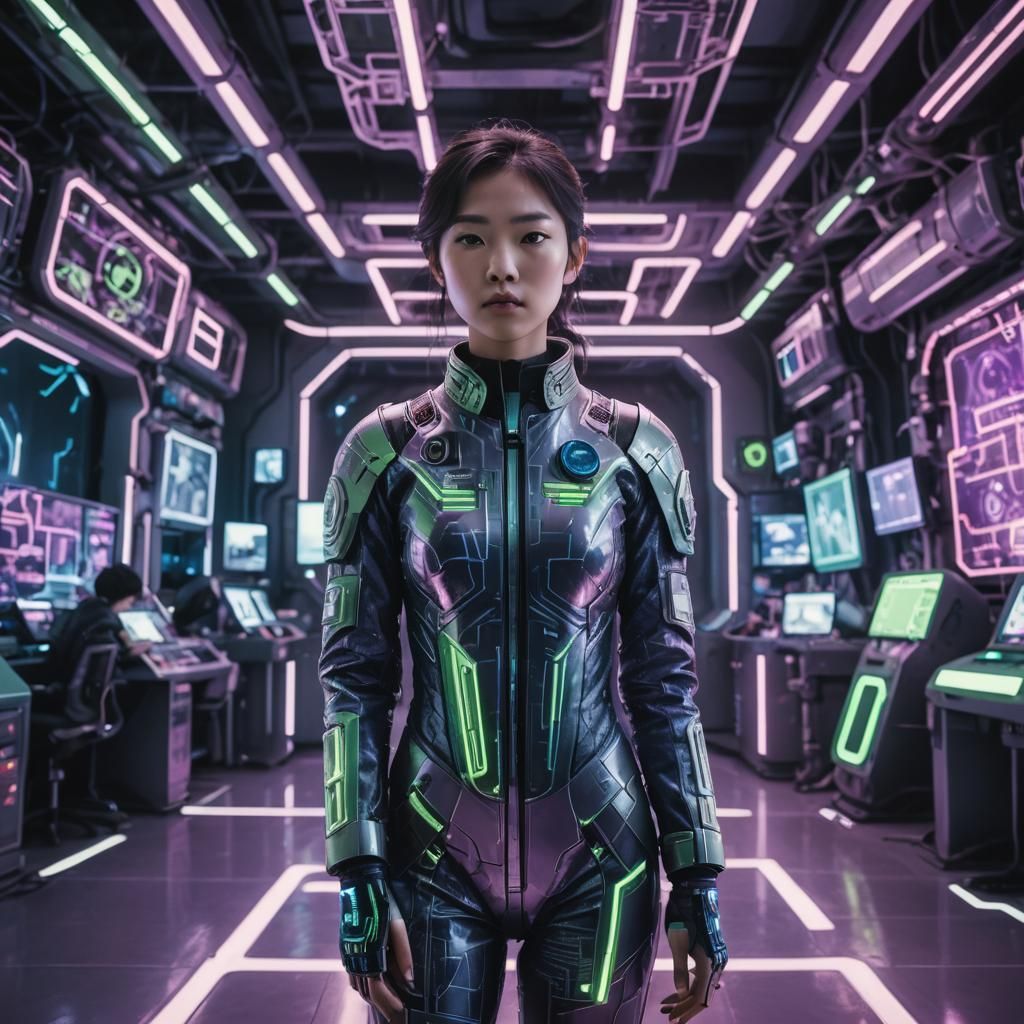 Korean Astronaut in Neon Cyberpunk Laboratory