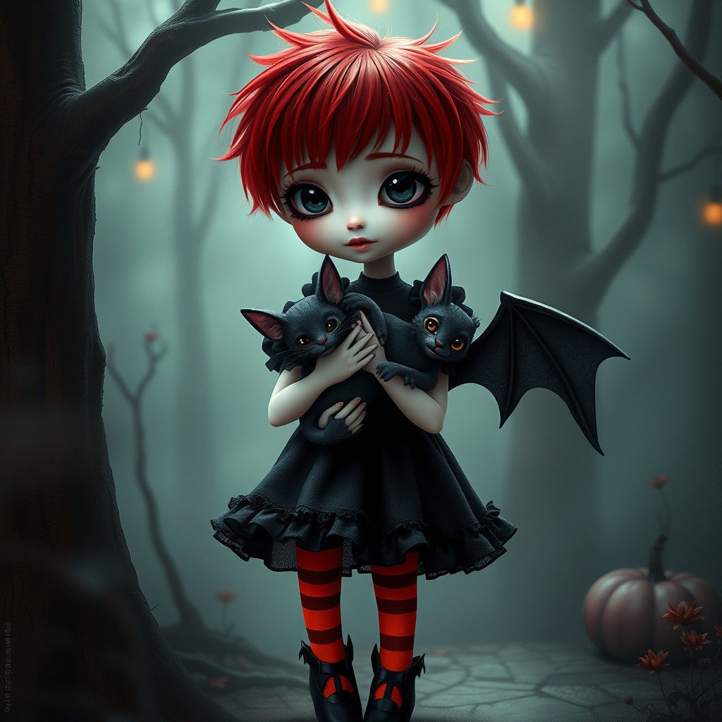 Enchanting Ruby Gloom with Bat-Cat, Dreamy Art