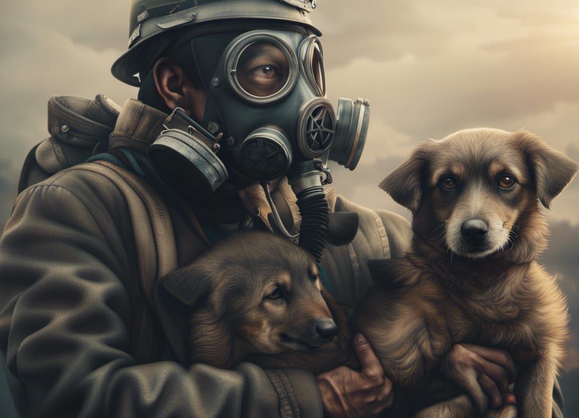 Man with Gas Mask Holds Dog: Digital Matte Painting