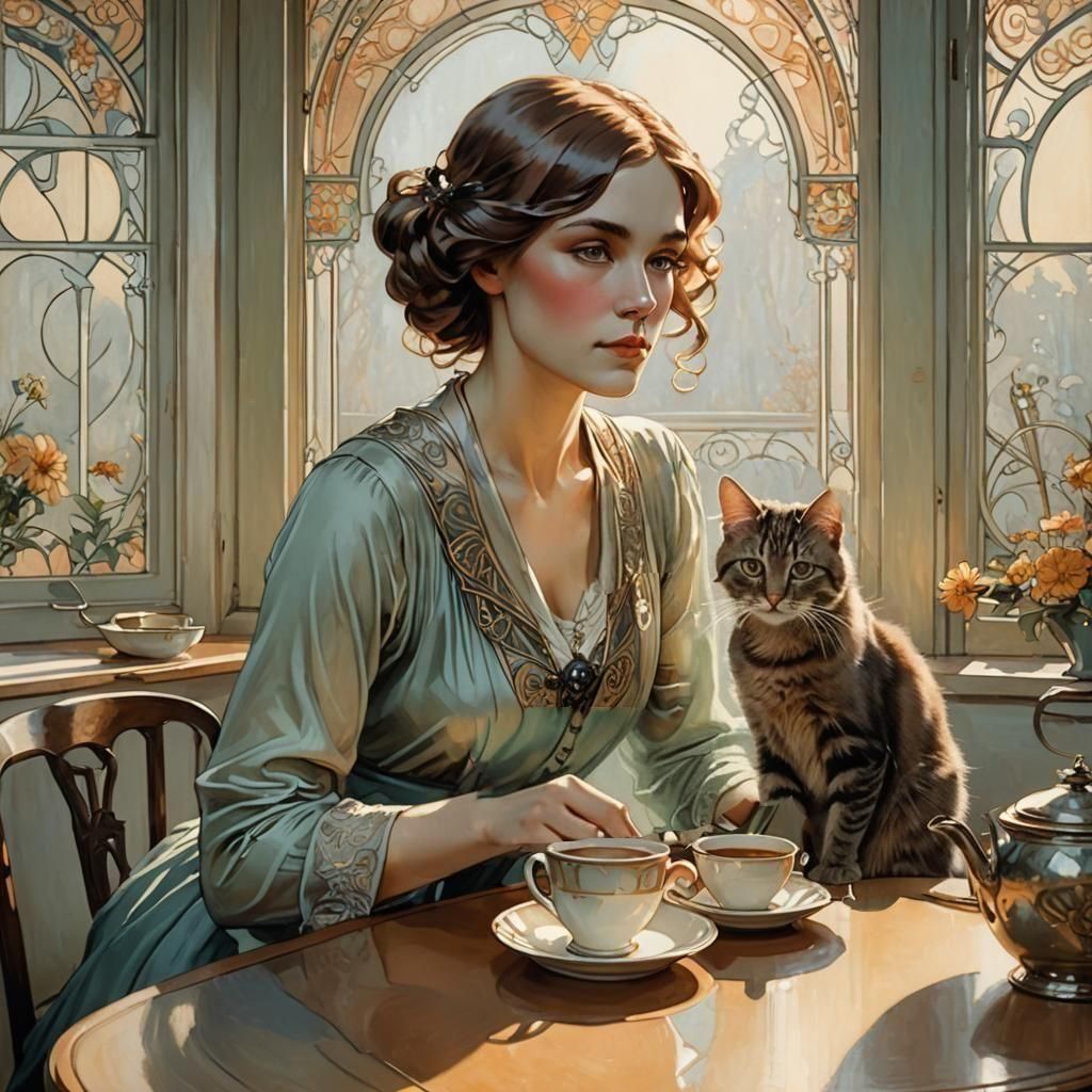 1920s Woman Having Coffee With Cat