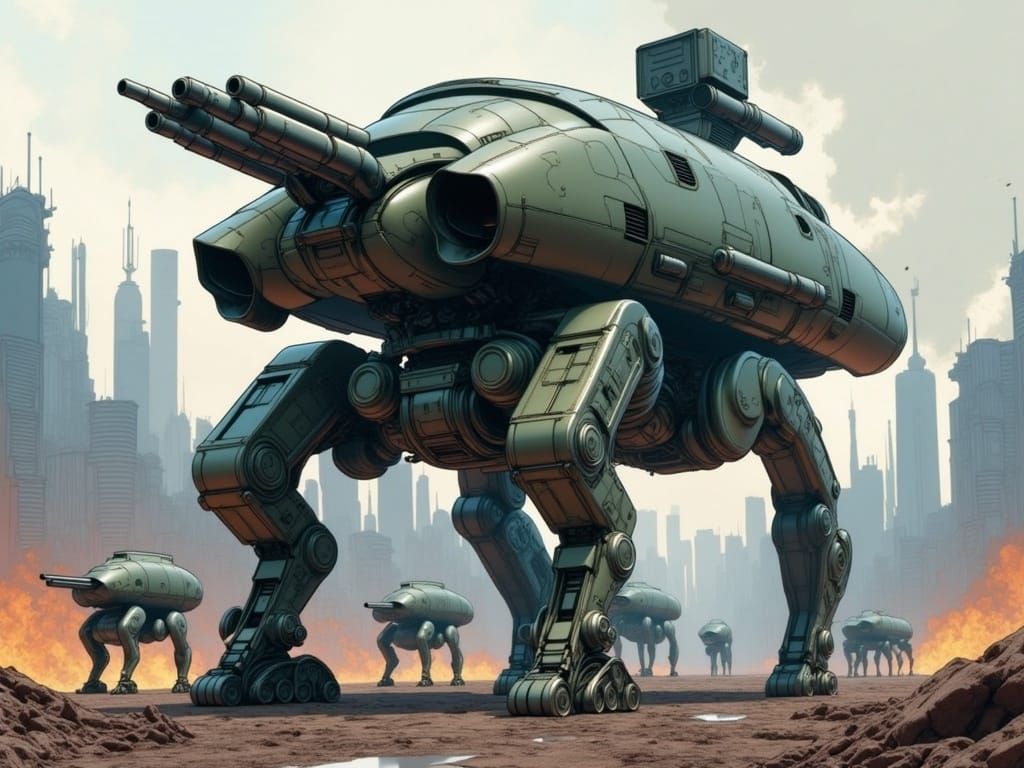 Mobile Armor Unit Marches Through Ruined City